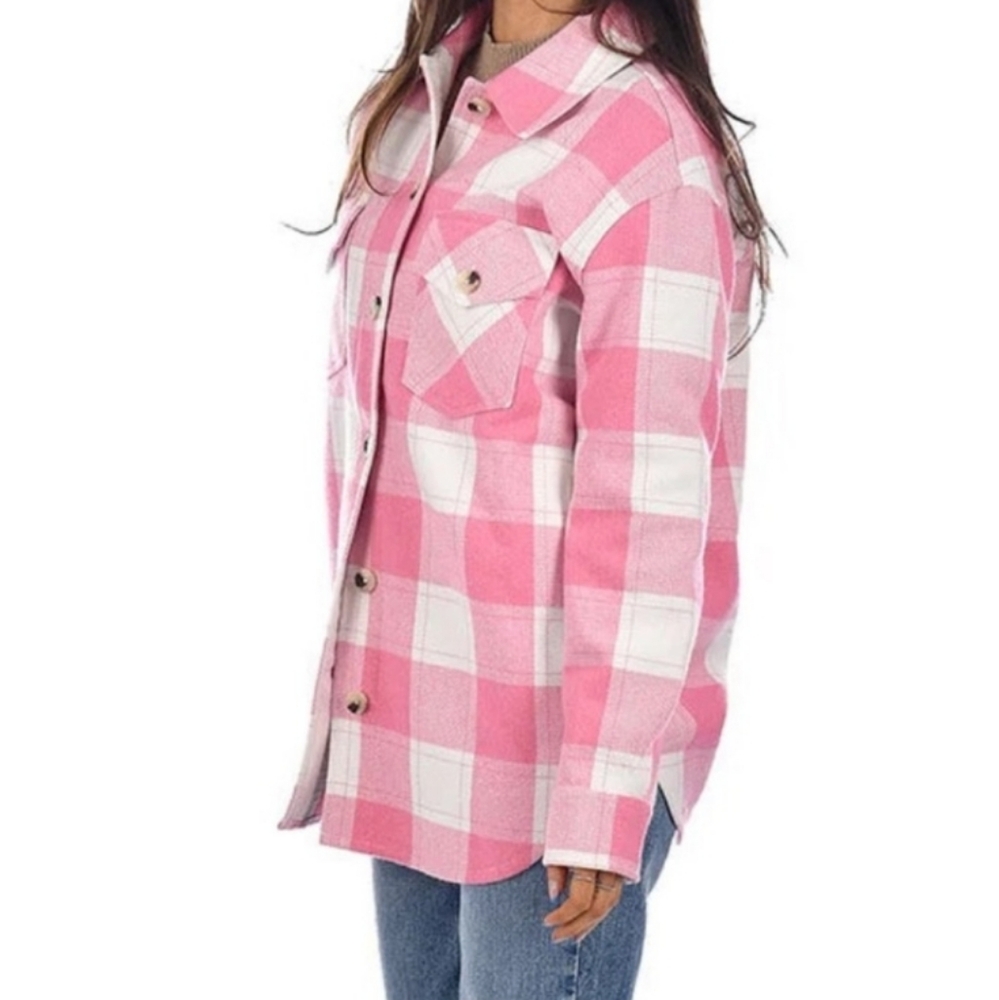 Pink and White Plaid Button-Up Shirt
